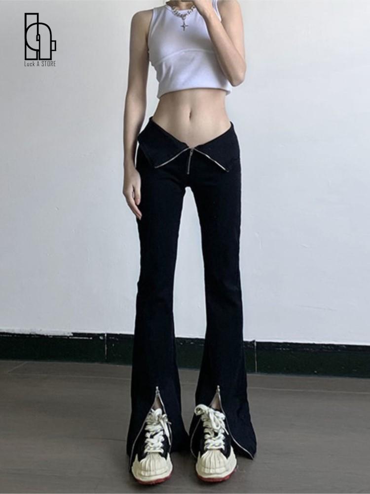 2022 Fashion Cool Girl Pants Zipper Cuff Flared Jeans women&s V-shaped Solid Color Slim Wide Leg Pants